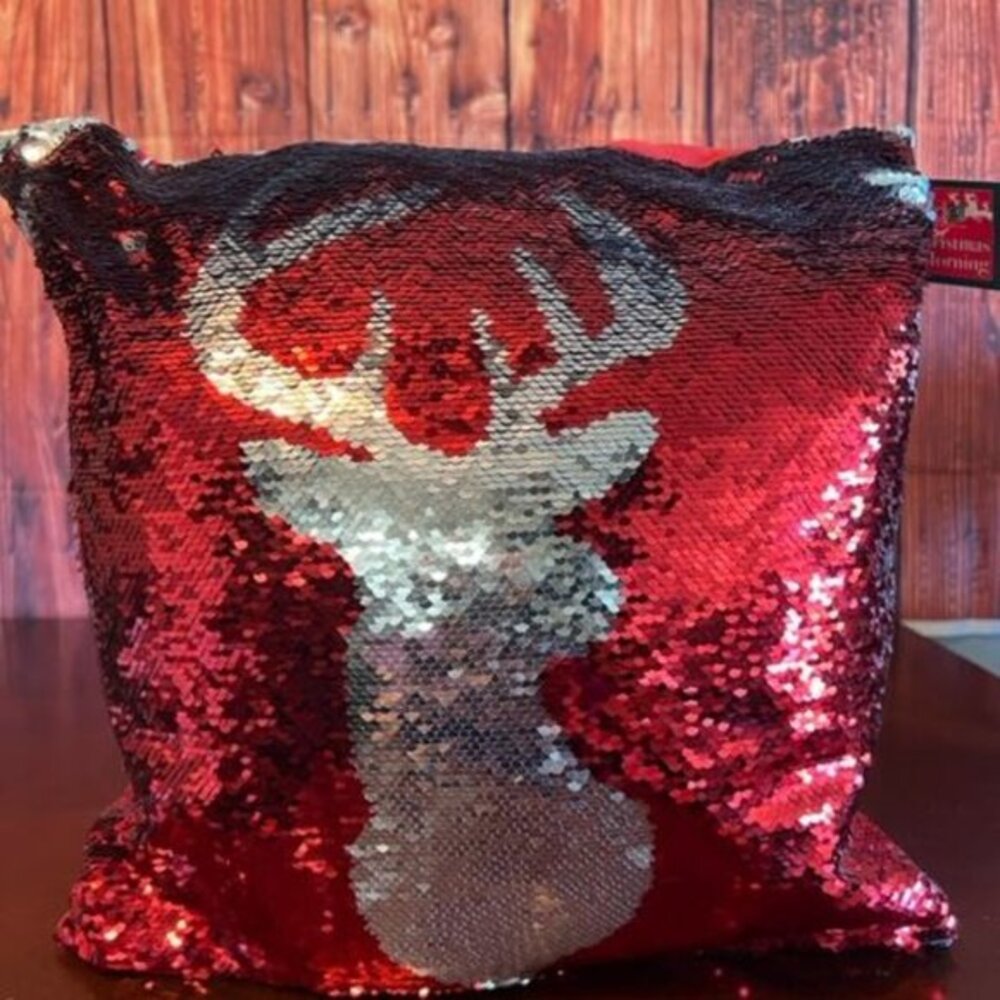 DEI Red & Silver‎ Sequin Reversible Christmas Pillow  striking reindeer design